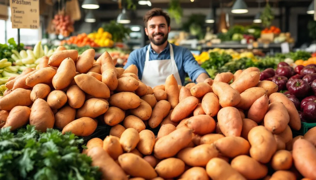 ein gemüsehändler teilt wertvolle tipps, wie du im supermarkt echte von falschen süßkartoffeln unterscheiden kannst, um immer frische qualität zu kaufen.